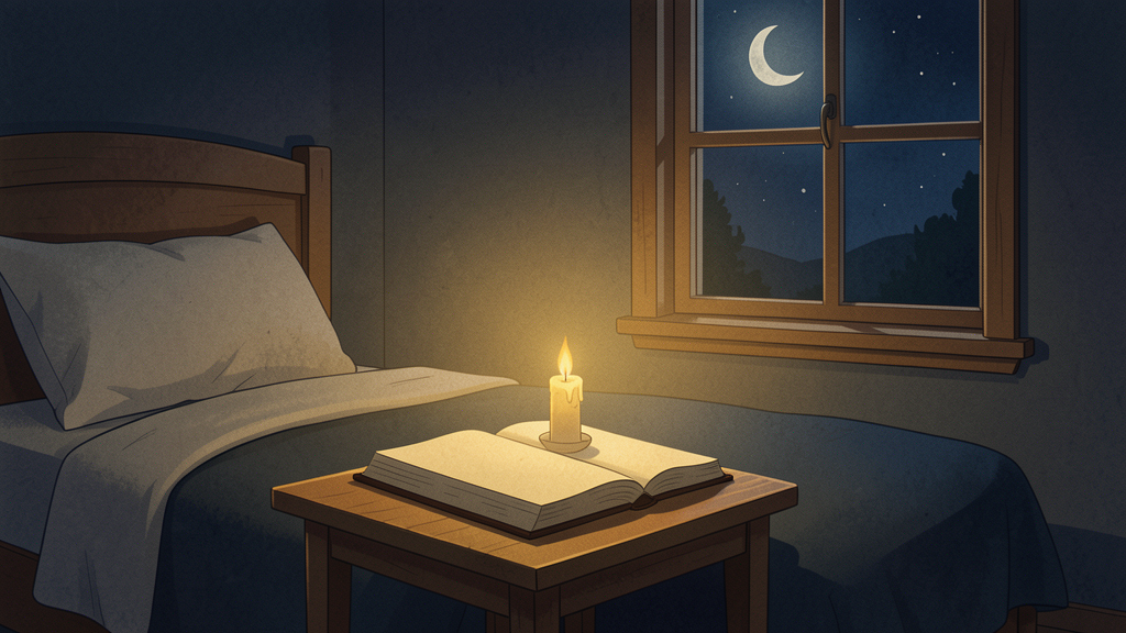 A quiet bedroom at night with a candle and open Bible on a bedside table beneath moonlight.